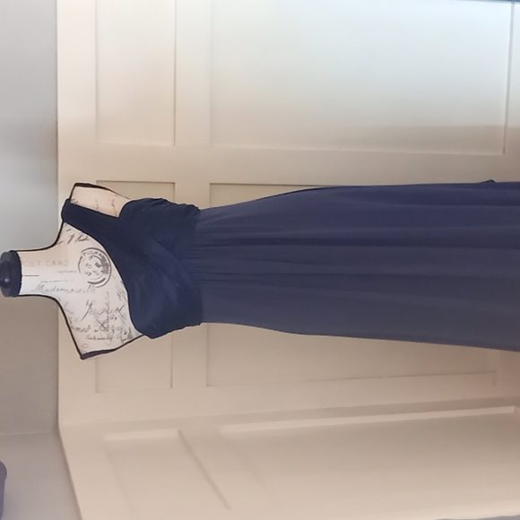 Formal David's Bridal Navy One Shoulder Long Jersey Dress With Cascade Back Sz 8 - Picture 2 of 11
